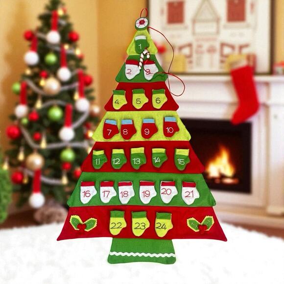 Countdown Advent Calendar Felt Christmas Tree with 24 Felt Mitten Pockets - Picture 1 of 7
